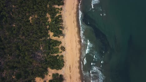 Moving-aerial-view-of-the-seashore-and-beach-along-Monte-Argentario,-near-Tuscany,-Italy-as-waves-gently-crash-along-the-shoreline