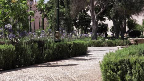 Kasbah-garden-in-Rabat,-Morocco,-a-serene-park-with-summer-blossoms-and-elegant-greenery-under-the-warm-sunlight