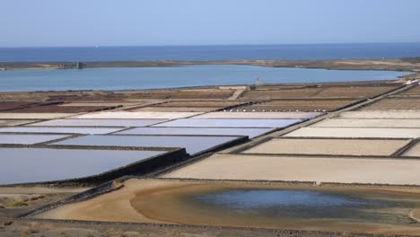 Salinas-De-Danubio,-Salinen-In-Der-Landschaft-Von-Lanzarote,-Aus-Der-Ferne-Gesehen,-Die-Sich-Von-Rechts-Nach-Links-Bewegt