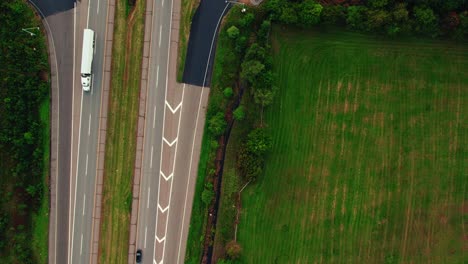 Aerial-top-down-view-Semi-trucks-on-a-country-highway