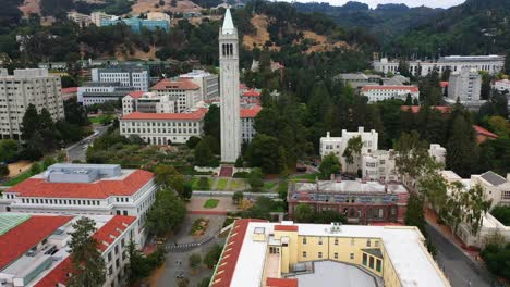 Aerial-view-passing-the-Campanile,-Sather-Tower-of-the-University-of-California-in-Berkeley,-USA