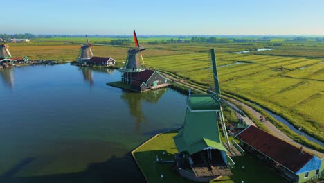 Wooden-windmill-at-the-Zaanse-Schans-windmill-village---wooden-historical-windmills-Zaanse-Schans-Netherlands-Holland