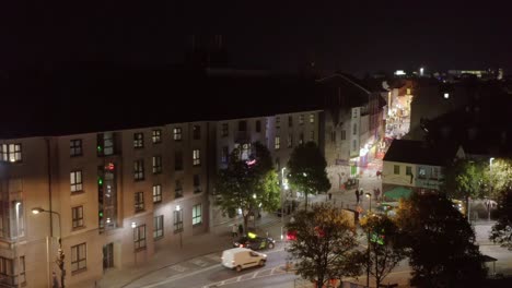 Aerial-ascending-shot-of-shop-street-in-Galway,-Ireland