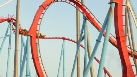 Moving-roller-coaster-car---Dragon-Khan-Roller-Coaster-in-Port-Aventura,-Spain