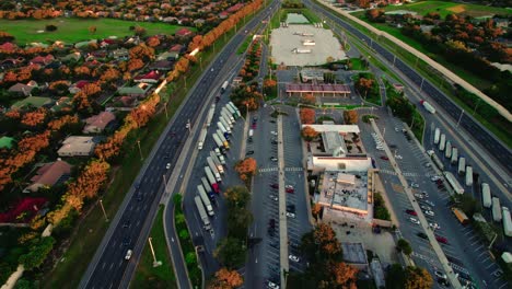 incredible-aerial-of-Turkey-Lake-Service-Plaza-truck-stop,-Orlando,-Florida-USA