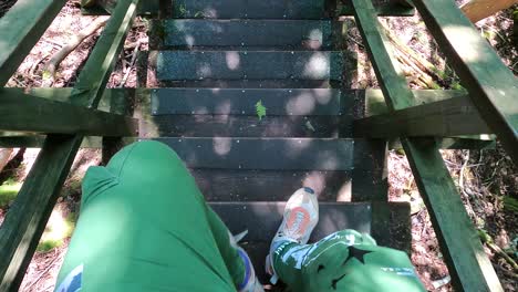 Person-Wearing-Green-Pant-Walking-Down-On-Wooden-Stairs,-Huron-Lake,-Flowerpot-Island,-Canada
