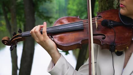 Nahaufnahmen-Einer-Geigerin,-Die-Im-Sommer-Im-Grünen-Park-Am-See-Geige-Spielt