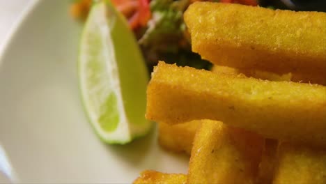 Slow-orbit-and-focus-rack-of-plate-with-polenta-fries,-salad-and-lime