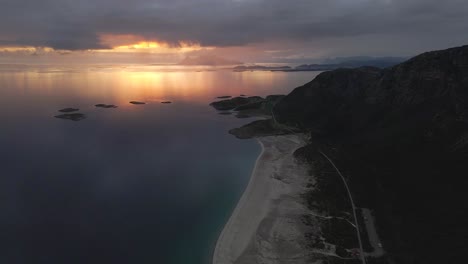 Drone-footage-of-Langsanden-Beach-in-sunset,-Sandhornøy,-Bodø,-Norway