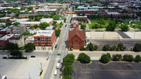 Aerial-view-toward-the-Greater-Union-Baptist-Church,-in-sunny-Chicago,-USA