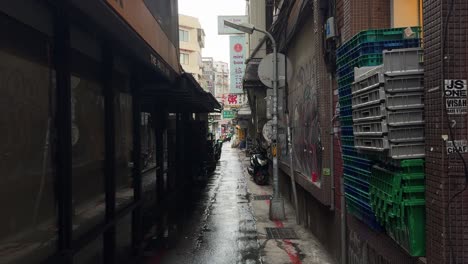 Perspective-view-of-an-alley-street-during-a-rainy-day-in-Ximending,-a-shopping-district-in-Taipei,-Taiwan