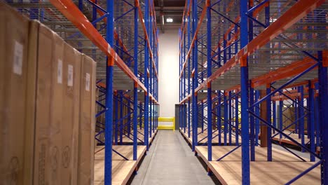 Down-the-line-Steel-Warehouse-Distribution-Center-Rack-Racking-Shelves-Product-Inventory-Interior-Furniture-Storage-Metal-Blue-Orange-Industrial-Equipment-Business-logistics-empty-transportation-sales