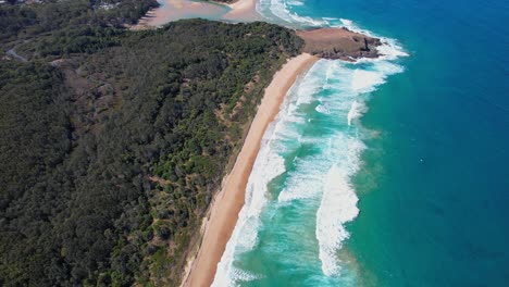 Sapphire-Beach-With-Green-Bluff-Headland-In-New-South-Wales,-Australia-In-Summer---aerial-shot