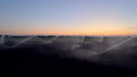 Bewässerungssystem,-Das-Landwirtschaftliche-Nutzpflanzen-Bei-Sonnenuntergang-Bewässert---Drohnenaufnahme
