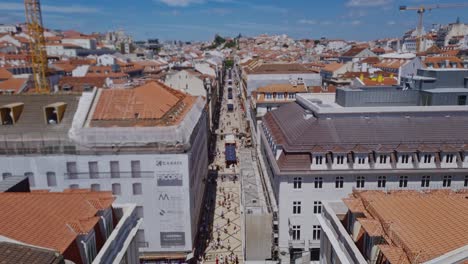 View-of-Rua-Augusta,-a-pedestrian-street-in-the-center-of-Lisbon,-Portugal,-from-above