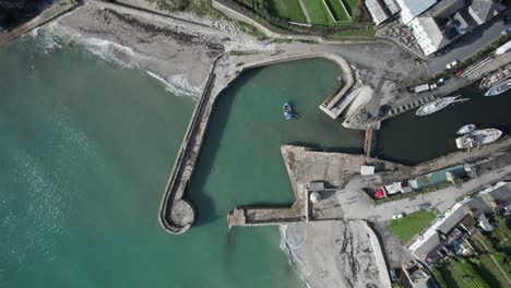 Historic-Charlestown-habour-with-old-tall-ships,-from-top-down-aerial-perspective