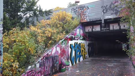 Street-art-of-Bern-Switzerland,-Bumpliz-Neighborhood-Colorful-Graffiti-Bridge