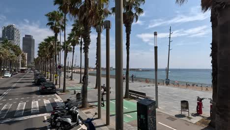 Street-view-on-a-city-tour-around-the-city-of-Barcelona-by-bus,-Spain