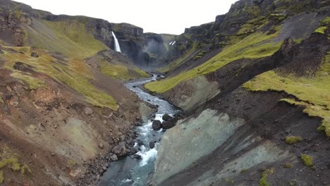 Aerial-drone-shot-of-the-waterfall-Háifoss-122-meters-high,--Beautiful-view