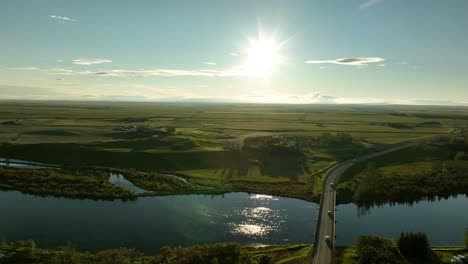 Route-1-ring-road-in-Iceland-Hella-city-during-sunset-aerial-shot