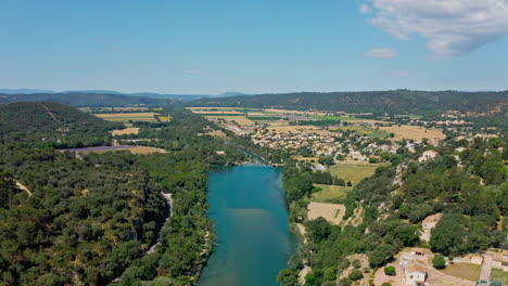 Blue-water-river-Verdon-France-aerial-shot-near-Gréoux-les-Bains-sunny-day