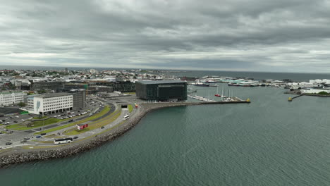Museum-in-Icelandic-capital-modern-building-aerial-shot-Reykjavik