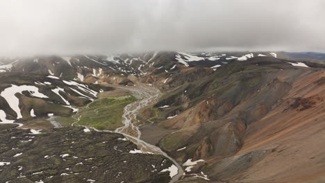 Landmannalaugar-valley-aerial-shot-lava-fields-multicolours-mountains-iceland