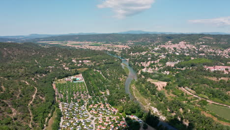 Aerial-shot-over-Verdon-river-and-Greoux-les-Bains-France-Provence