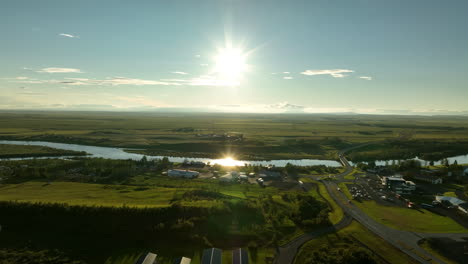 Hella-southern-Iceland-sunset-aerial-shot-farmlands-during-summer