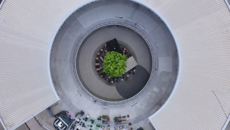 Circular-building-mall-aerial-shot-over-a-mall-in-Montpellier