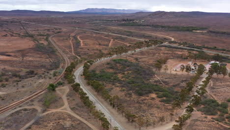 Straße-Mit-Bäumen-Daneben-In-Einer-Trockenen-Umgebung-Südafrika-Luftaufnahme