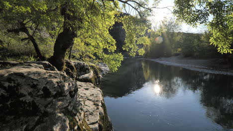 Ruhiger-Fluss-Im-Wald-Occitanie-Schöne-Zeitlupe-Frankreich