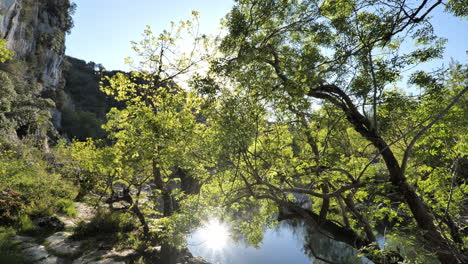 Natur-Mit-Frühlingsbäumen-Entlang-Einer-Kalksteinklippe-Und-Fluss-Frankreich