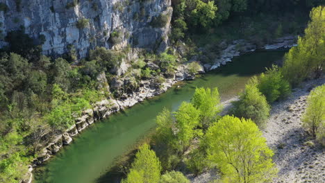 green-trees-along-a-river-Herault-in-a-limestone-canyon-aerial-shot-France