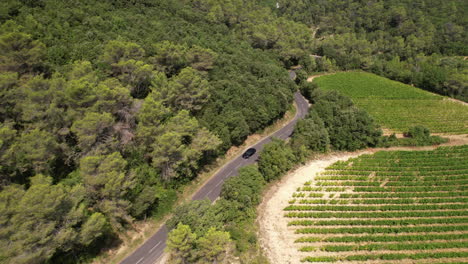 Electric-car-driving-along-vineyards-and-forest-aerial-south-of-France-sunny