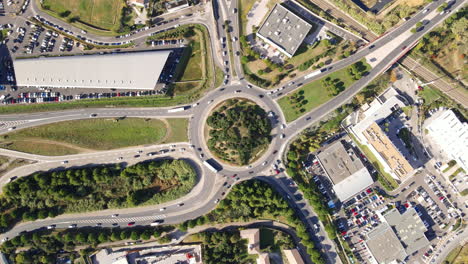 Overhead-shot-of-Montpellier-traffic-circle-with-lush-greenery.