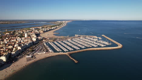 Bird's-eye-view-of-Palavas-les-flots-with-lined-boats-and-beaches.