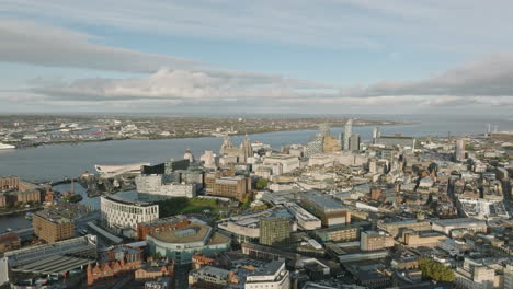 Aerial-showcase-of-Liverpool's-iconic-waterfront-and-skyline.