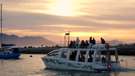 Hermanus-Walbeobachtungsboot-Voller-Touristen,-Die-Bei-Sonnenaufgang-Aus-Dem-Hafen-Fahren