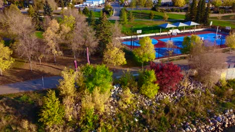 beautiful-aerial-drone-view-of-Victoria-Park-and-Saskatchewan-river-in-Saskatoon,-Canada