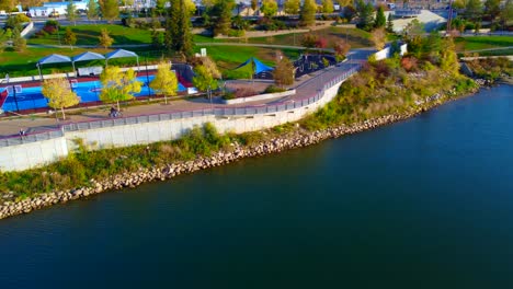 beautiful-aerial-drone-view-of-Victoria-Park-and-Saskatchewan-river-in-Saskatoon,-Canada