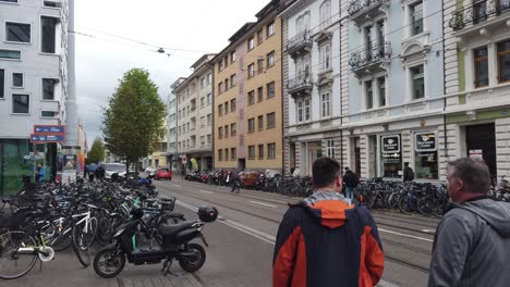 Cars-Bus-and-Bicycles-drive-the-Streets-of-Basel-SBB-Railway-Station-Switzerland