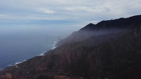 Cinematic-aerial-of-rocky-coastline-mountain-ranges-on-cliff-in-Tenerife