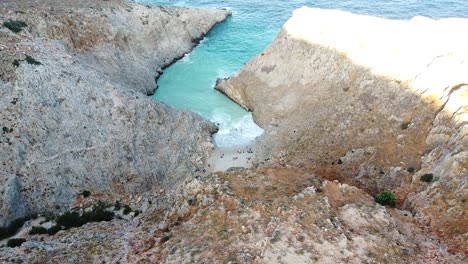 Blue-tropical-water-of-Seitan-Limania-beach-in-Crete,-aerial-view