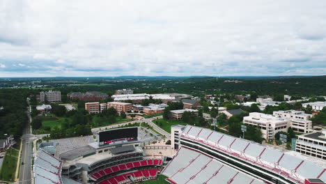 Aerial-Tilt-down-On-Razorback-Stadium-In-Fayetteville,-Arkansas