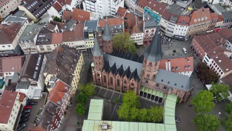 Aerial-cityscape-of-Kaiserslautern-downtown-and-medieval-Church-in-the-old-city