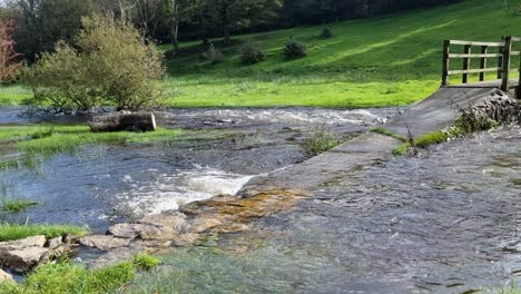 Toma-Panorámica-De-Agua-Fluyendo-A-Través-De-La-Naturaleza-Verde-Sobre-El-Camino,-Anglesey