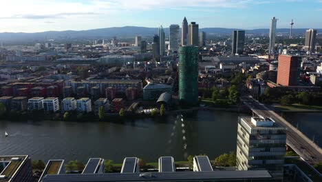 Panoramic-aerial-trucking-pan-above-Frankfurt-Germany-and-highway-crossing-river-main