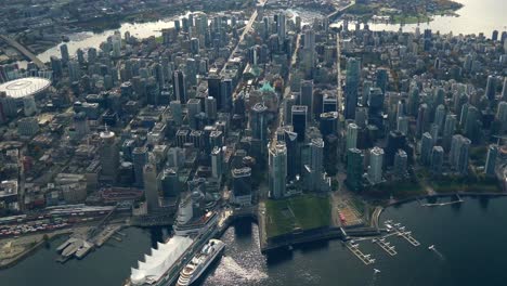 Panoramic-Aerial-View-Of-Downtown-And-Harbour-In-Vancouver-City,-British-Columbia,-Canada