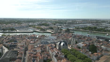 La-Rochelle-cityscape-in-France,-port-and-old-tower-in-background